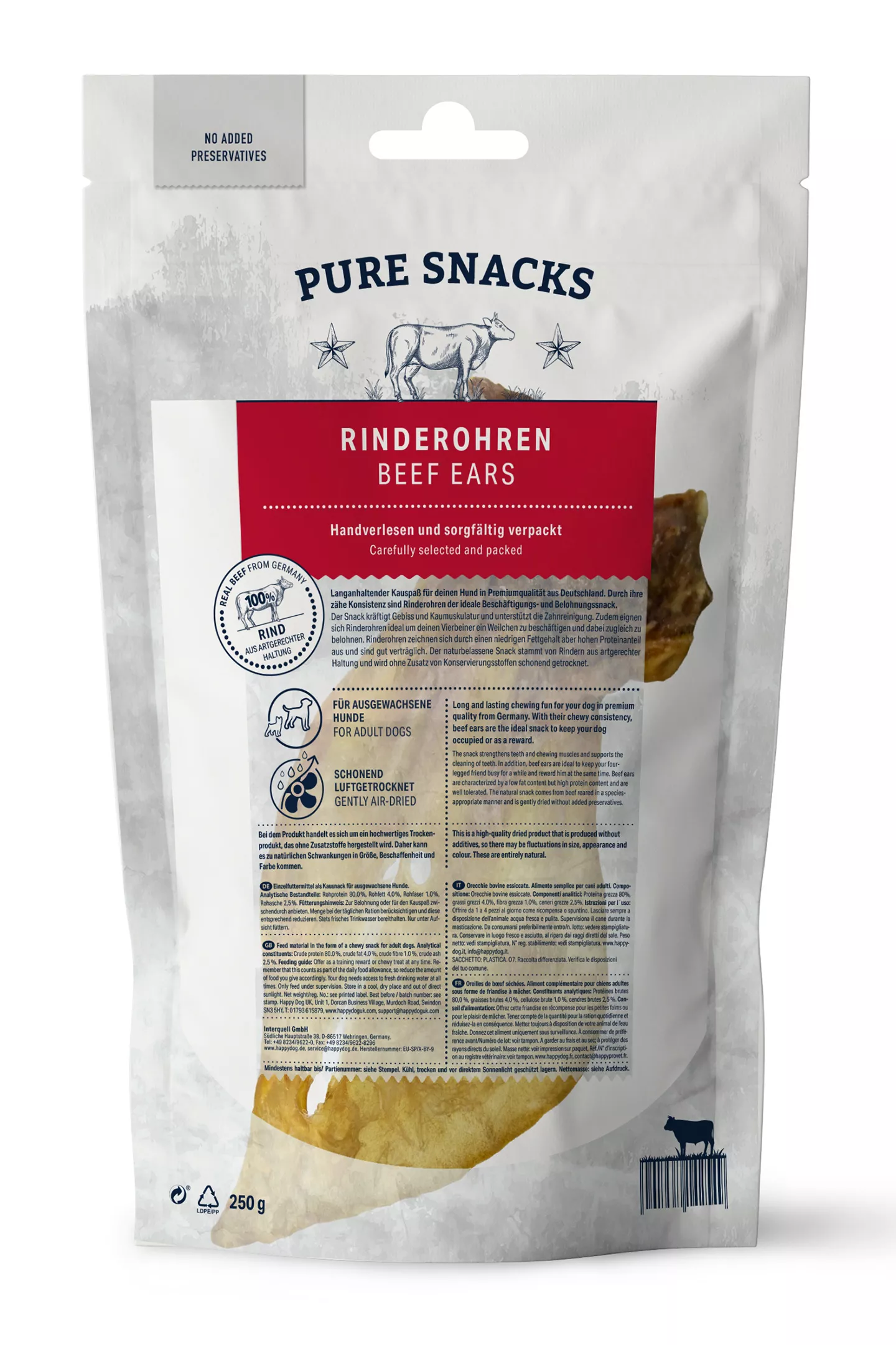 Happy Dog 250 g Rinderohren ohne Zusatzstoffe 